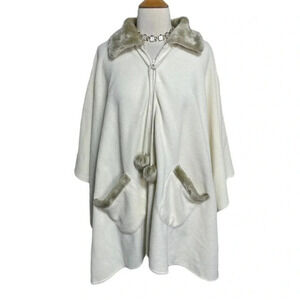 Ivory fleece and tan fake fur OS front zip cape poncho with pom‎ poms & pockets